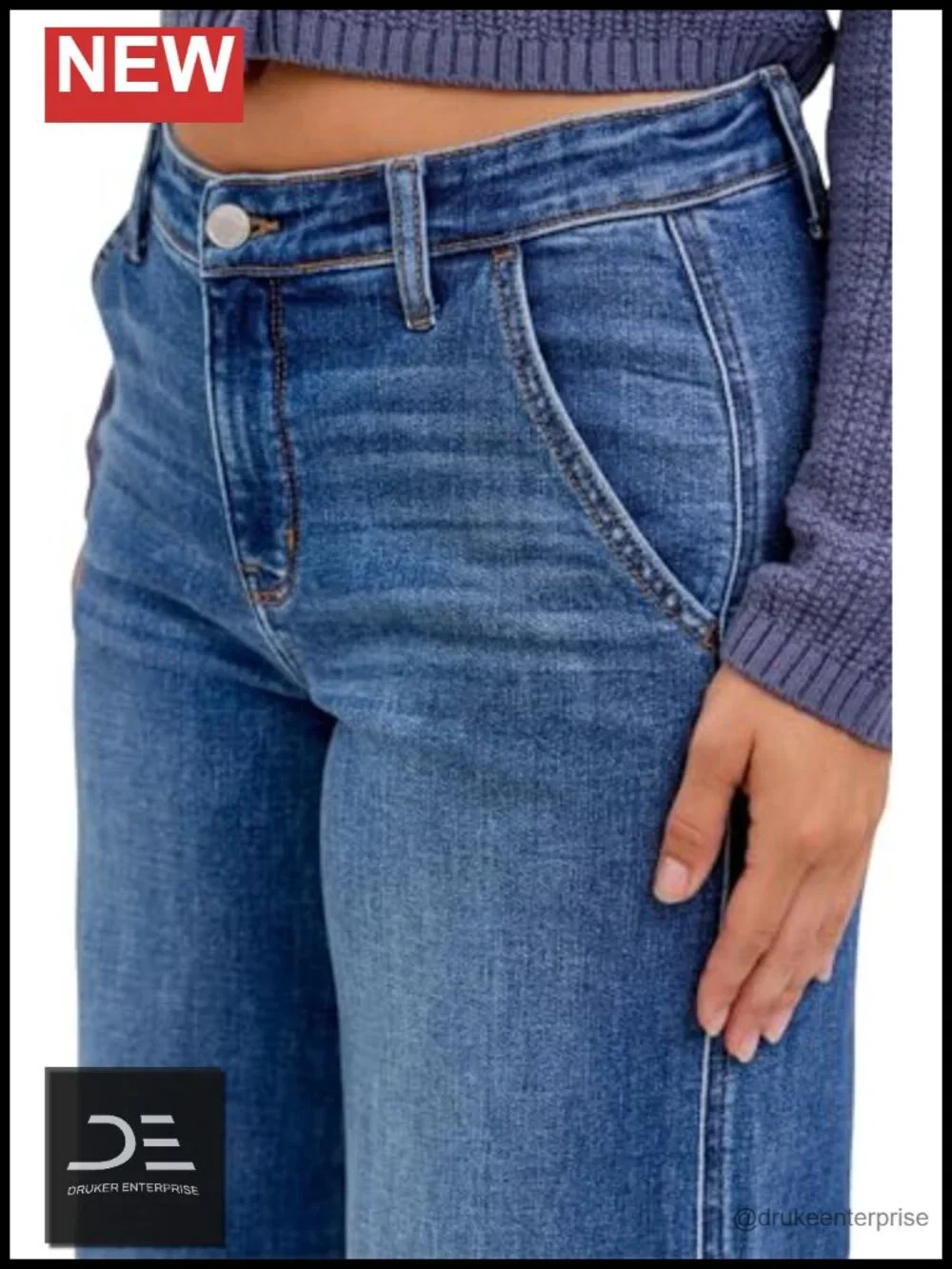Mid Rise Trouser Style Wide Leg Jeans Stretch Denim 30 Inseam